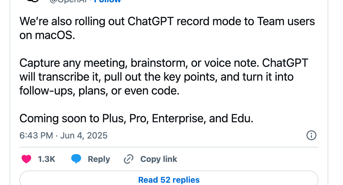 ☕🤖 ChatGPT rolls out meeting recording + connectors for Google Drive, Box and others!