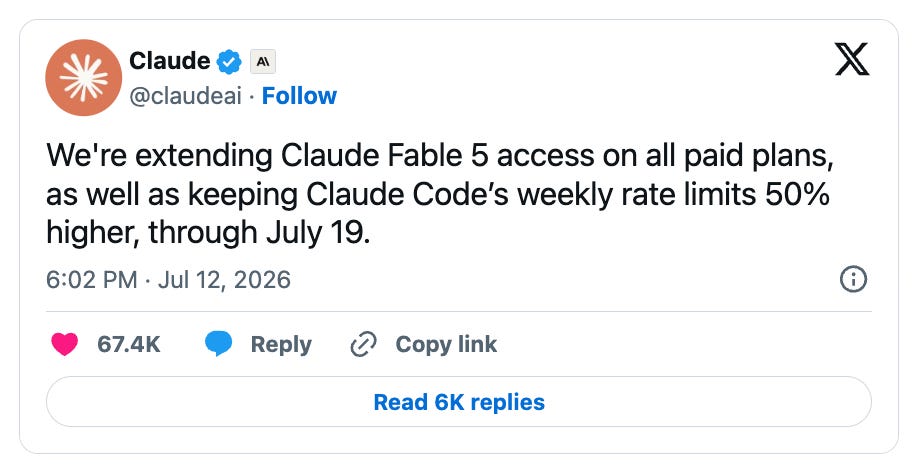 ☕🤖 Claude Fable 5 Usage Extended…Again! (Until July 19)